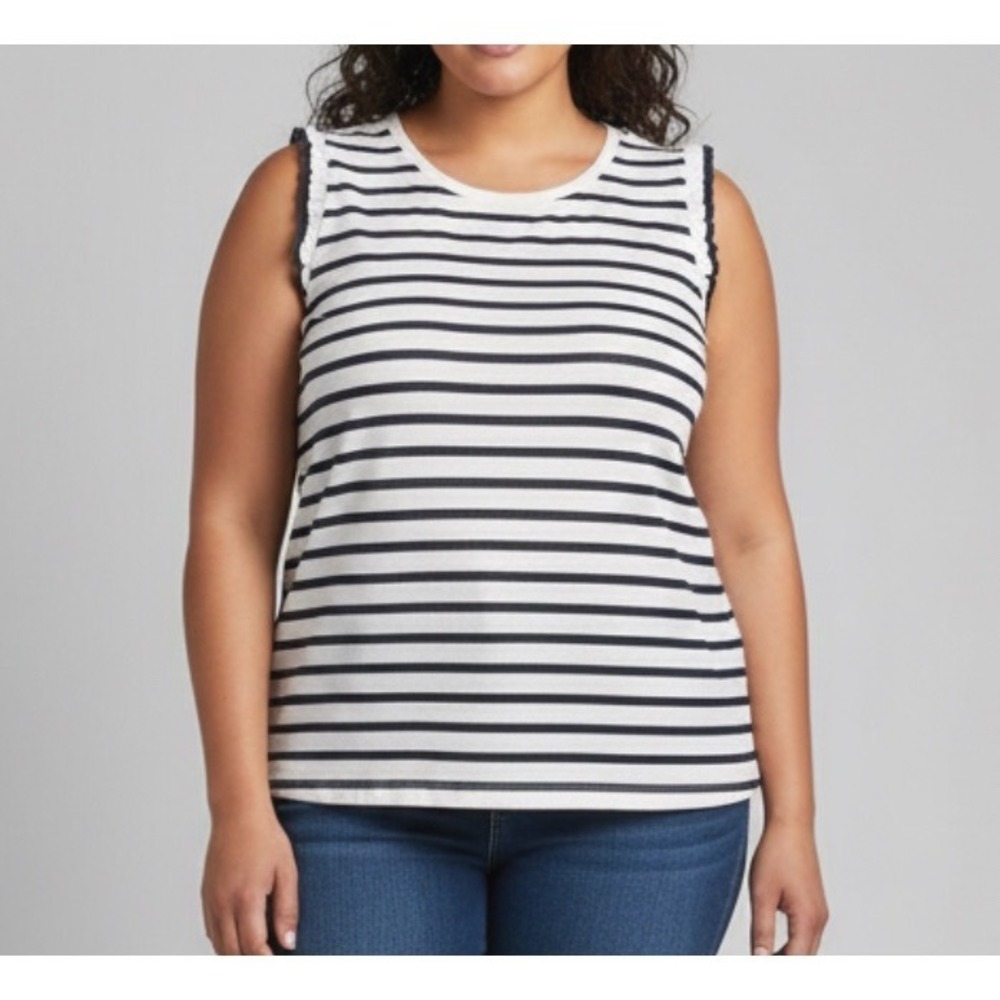 LOFT KNIT TOP Dark Navy & Off-White Stripes PLEATED RUFFLE TRIM Sleeveless XL